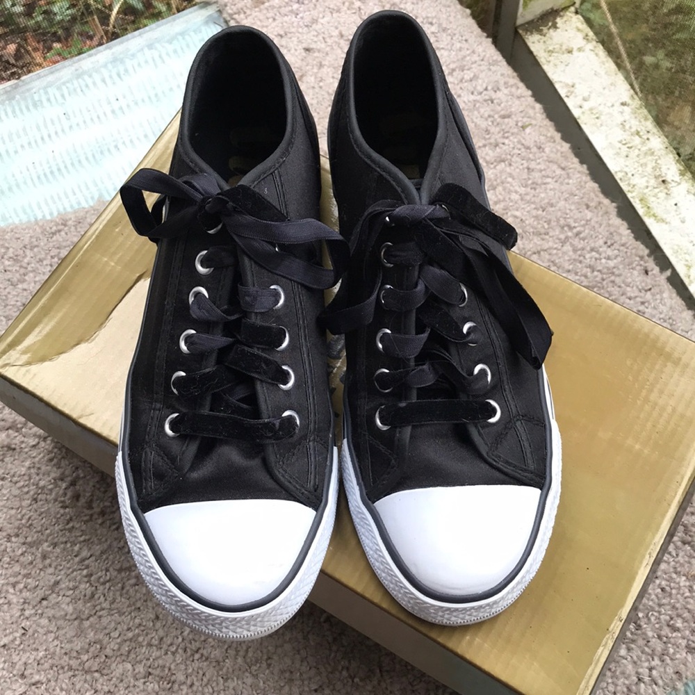 Twiggy of London Black Satin Sneakers Velvet Laces